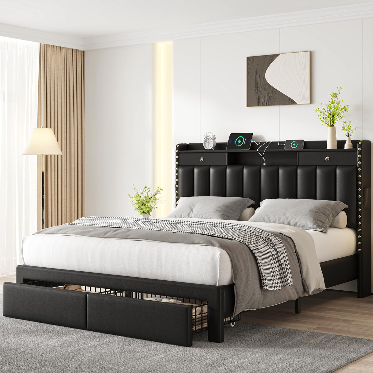 CypBed Bed Frame with 2 Tier Storage Headboard, Upholstered King Bed Frame with 4-Storage Drawers, 3 USB & Type-C Charging Ports, Solid Wood Slats, No Box Spring Needed, Noise-Free,