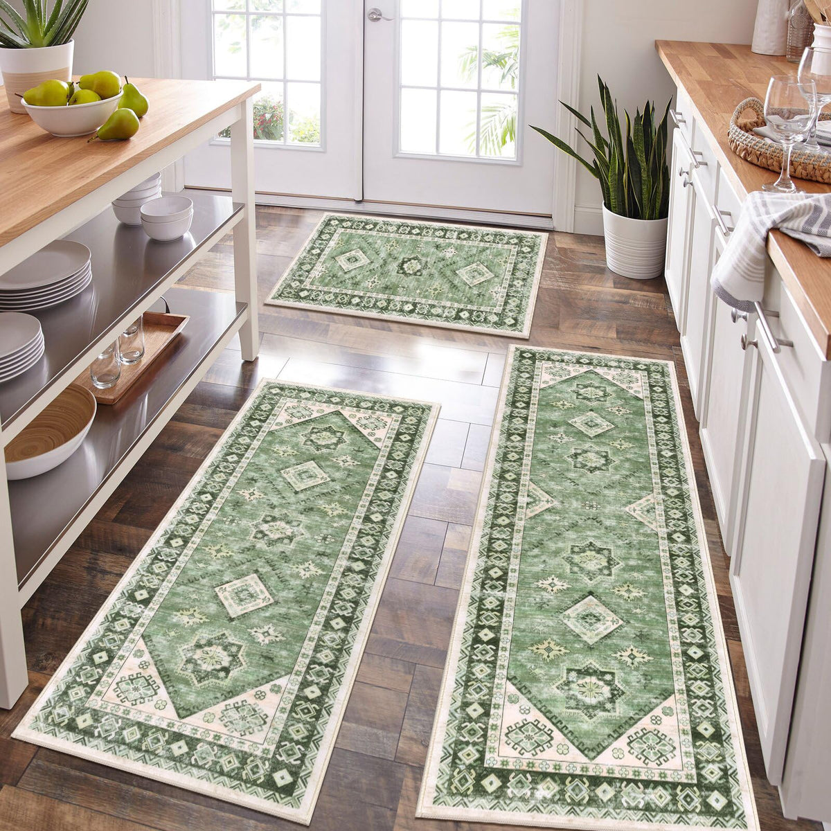 HEBE Boho Non-Slip Washable Kitchen Rugs, 3-Piece Set