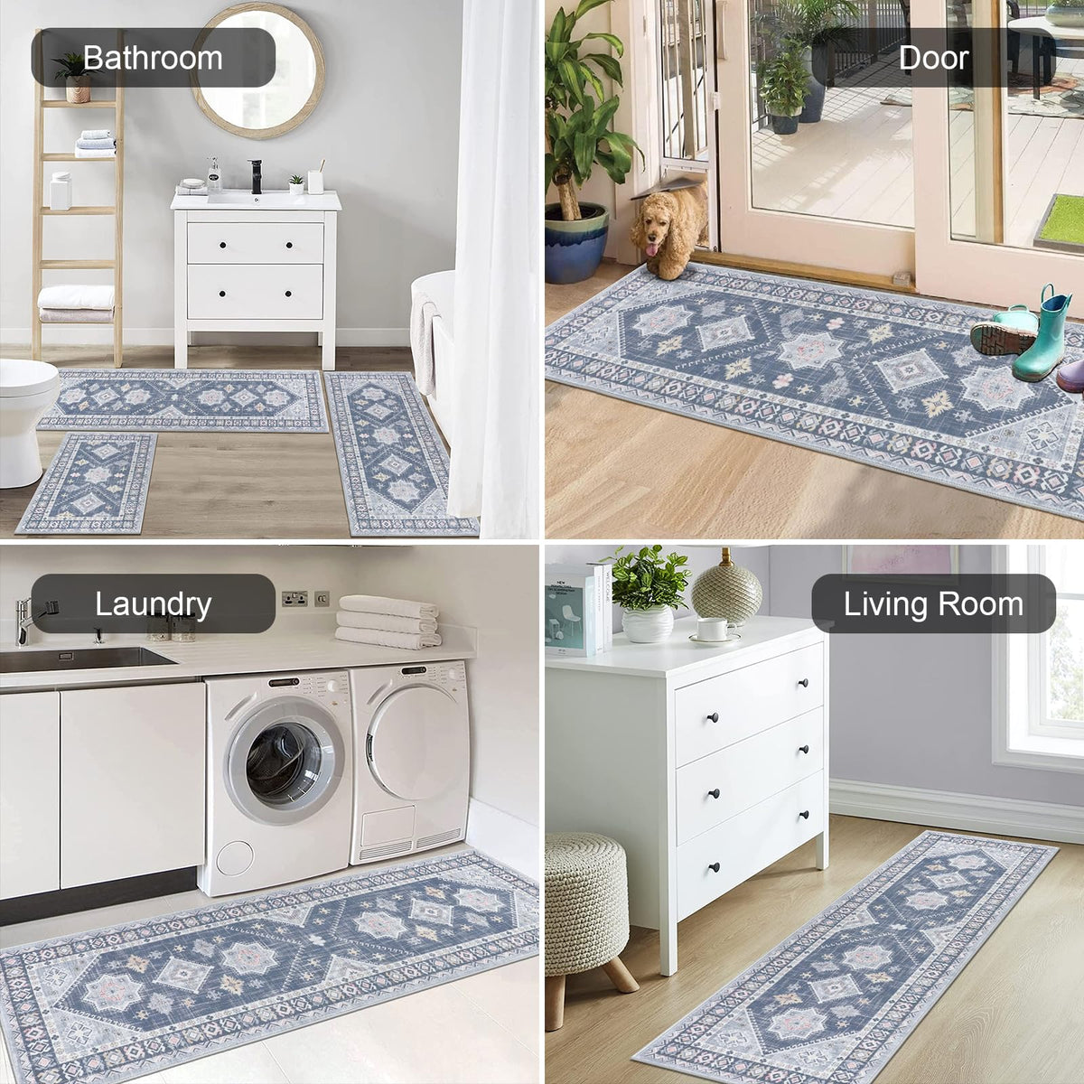 HEBE Boho Non-Slip Washable Kitchen Rugs, 3-Piece Set