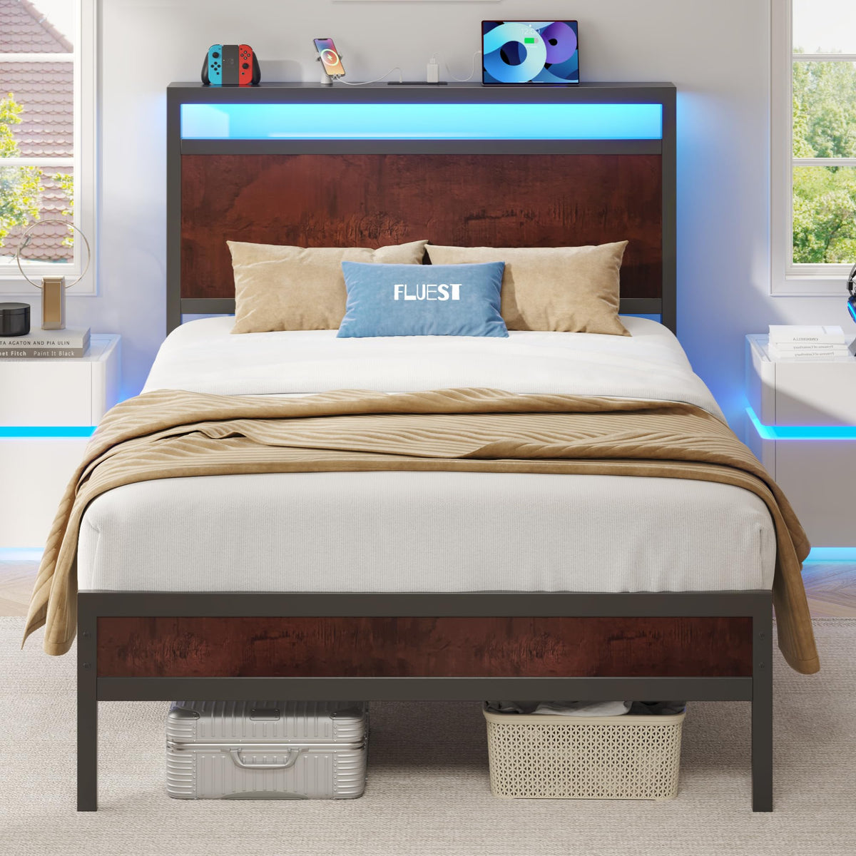 Fluest Bed Frame with Headboard, Metal Platform Bed Frame with High Bookcase Headboard, 4 Storage Drawers & Charging Station & LED, Noise-Free, NO Box Spring Needed
