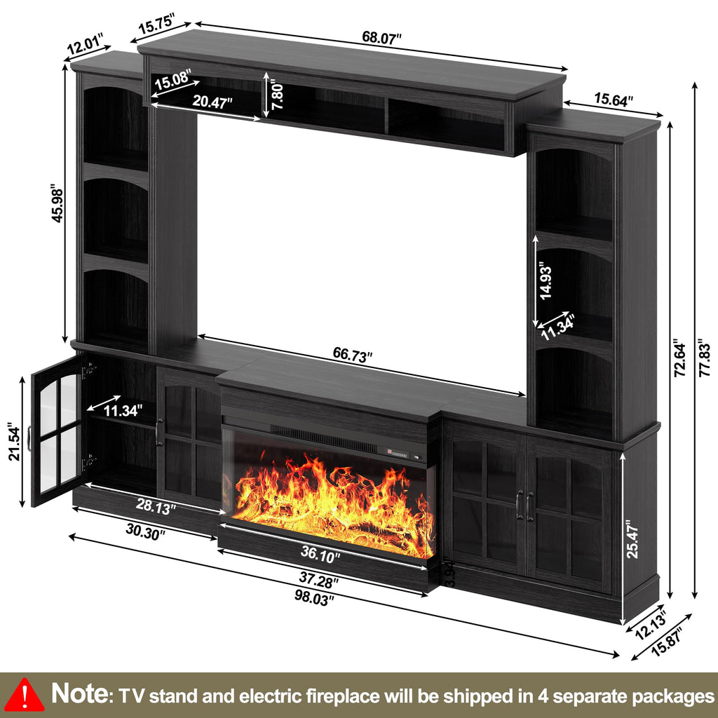 OneBlis 98" Farmhouse TV Stand with 36" Electric Fireplace, Bookshelves, Fits 75" TVs, Entertainment Center with Storage Cabinet, Large Wall Unit Media Console for Living Room, White