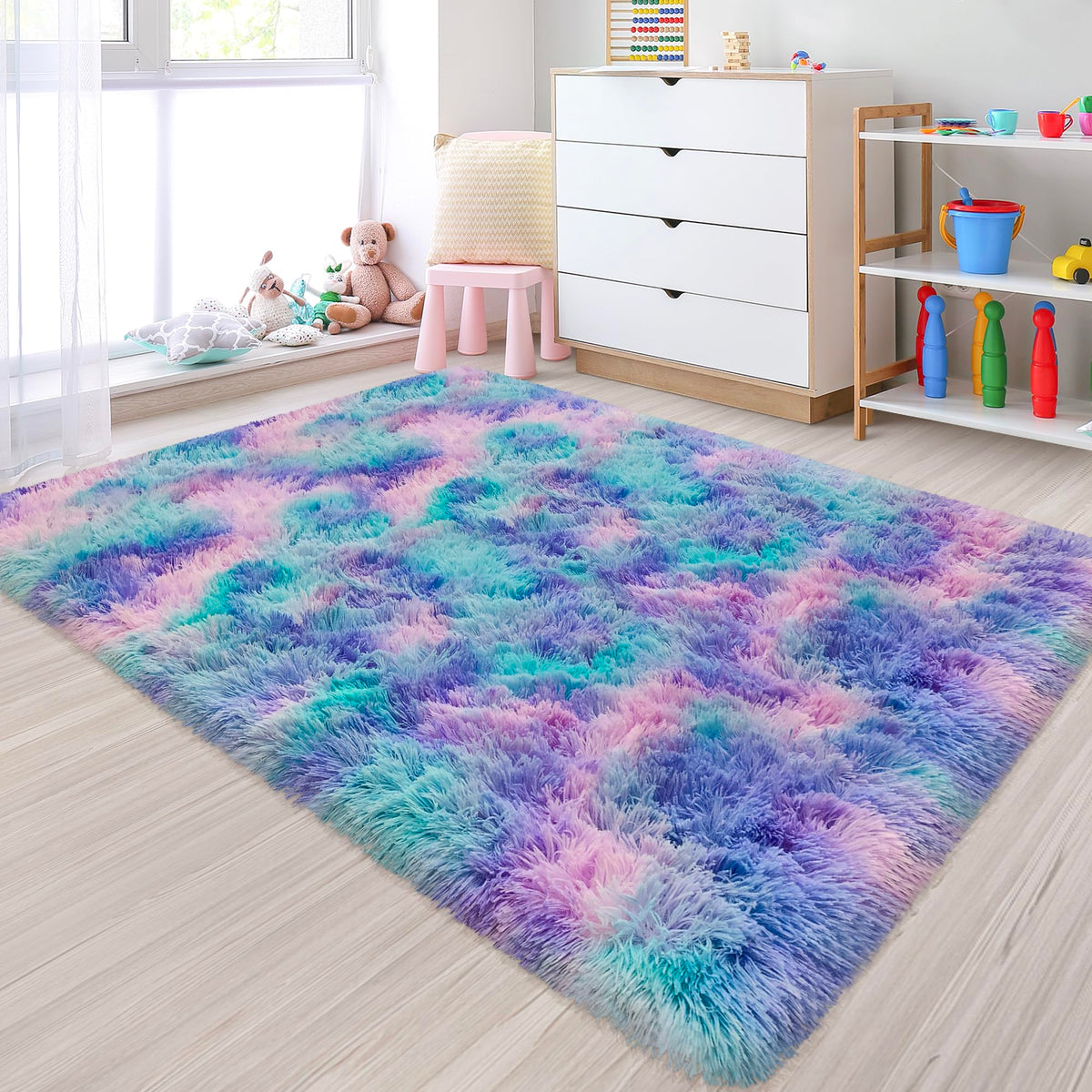 JiaoBaba Rainbow Tie-Dye Fluffy Area Rug for Kids