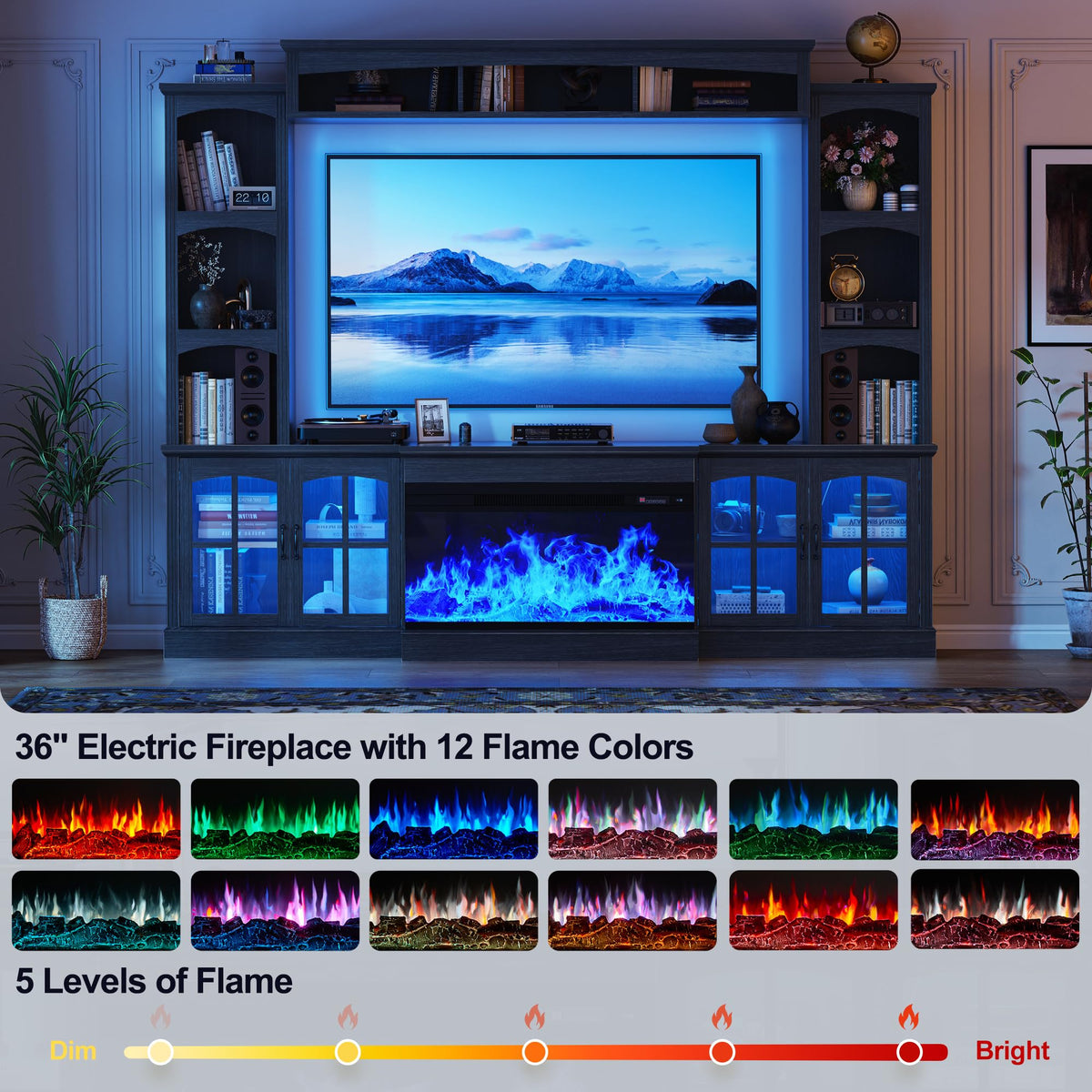 OneBlis 98" Farmhouse TV Stand with 36" Electric Fireplace, Bookshelves, Fits 75" TVs, Entertainment Center with Storage Cabinet, Large Wall Unit Media Console for Living Room, White