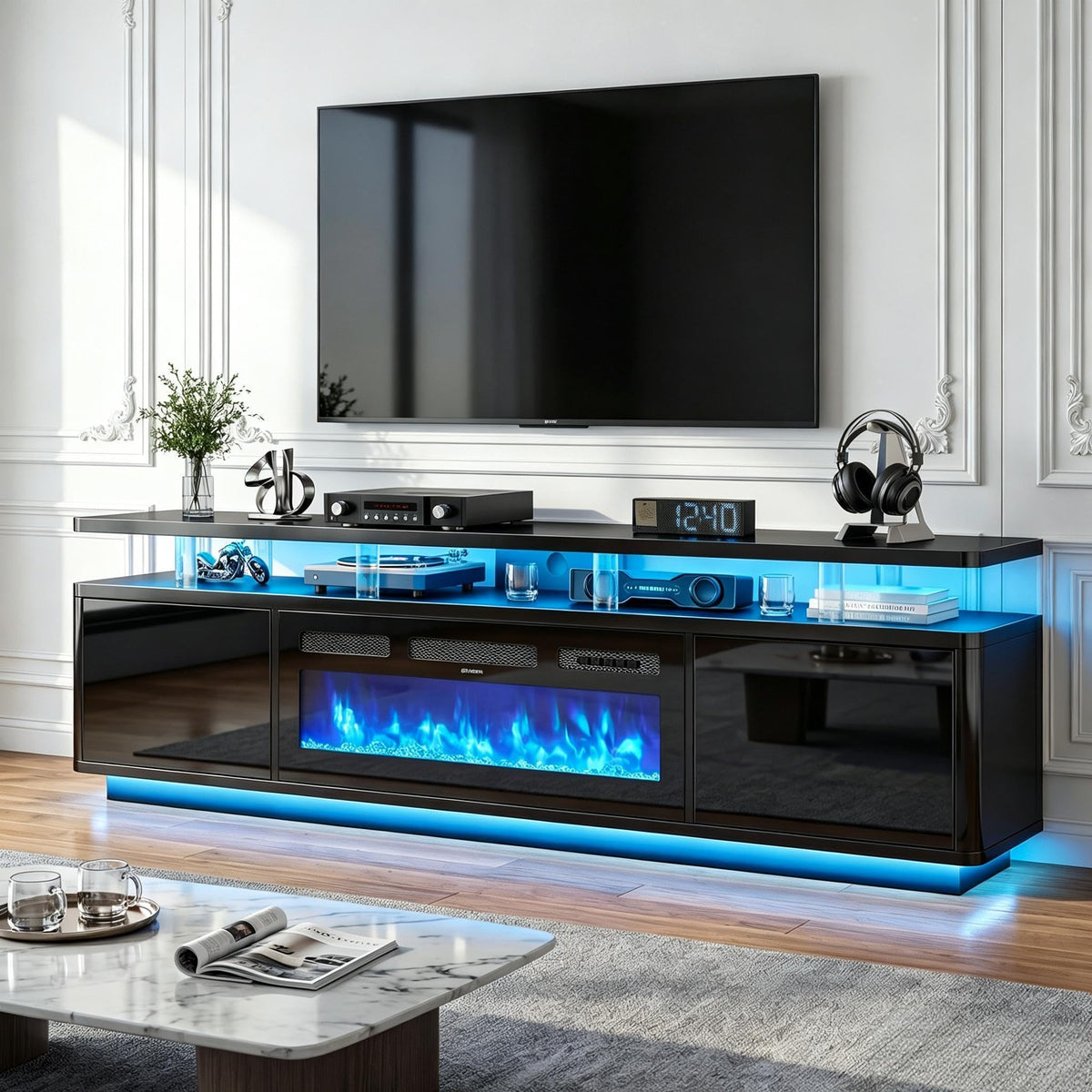 OneBlis Fireplace TV Stand, 70" Entertainment Center & Media Console, Fits TVs up to 80", Modern Living Room TV Cabinet with Storage Shelves, 36" Electric Fireplace, LED Flame