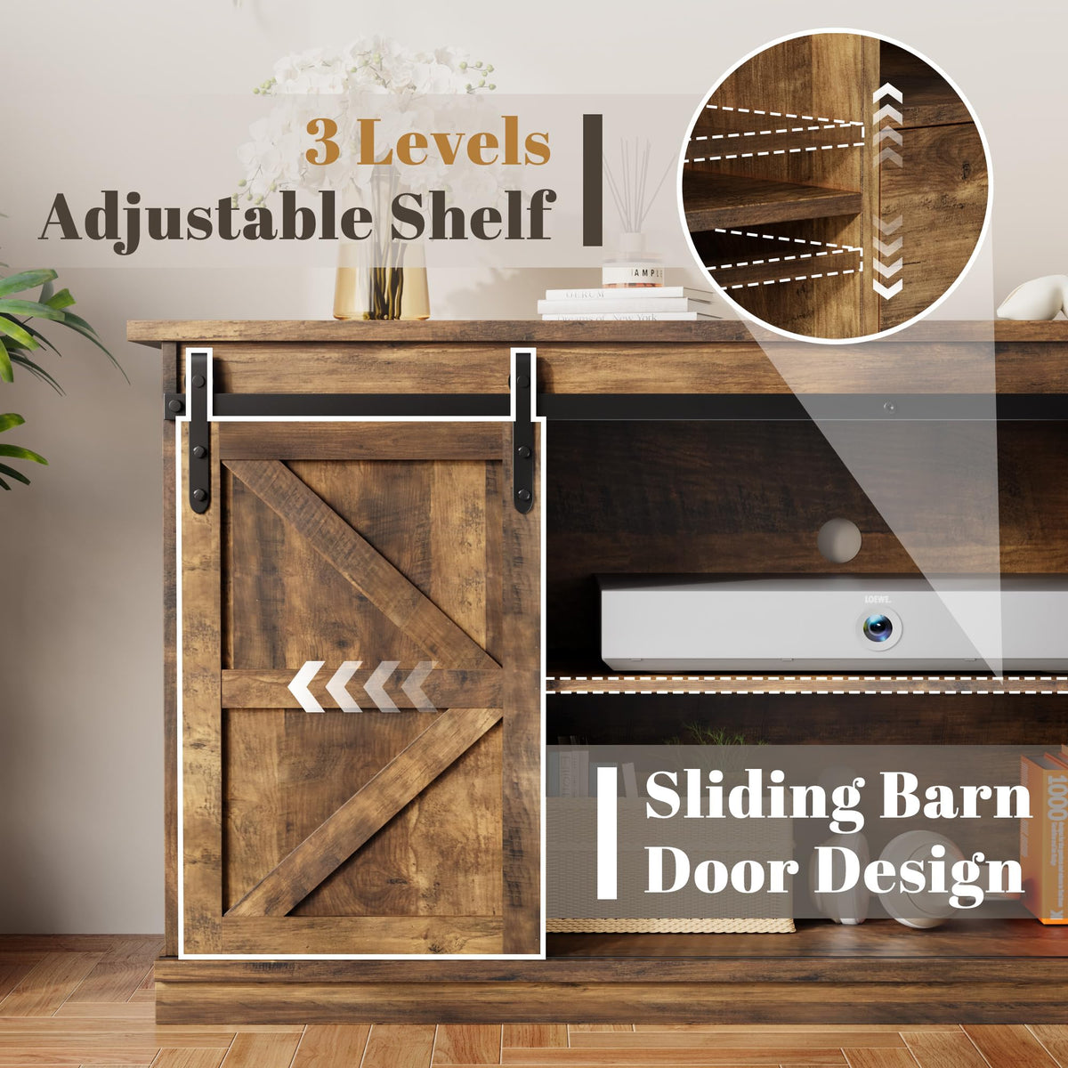 YESHOMY Farmhouse TV Stand for Televisions up to 65 Inch, Wood Entertainment Center with Sliding Barn Doors and 4 Storage Drawers, 58’’ Media Console Cabinet with Shelves for Living Room