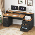 TVU Farmhouse Computer Desk with Drawers, 65'' Home Office Desk with Power Outlets, Storage Cabinet and Printer Stand, Study Writing Desks with Long Monitor Stand, White