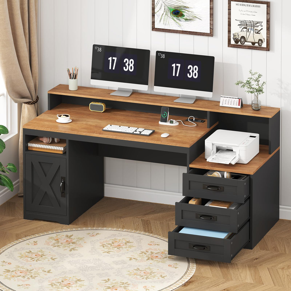 TVU Farmhouse Computer Desk with Drawers, 65'' Home Office Desk with Power Outlets, Storage Cabinet and Printer Stand, Study Writing Desks with Long Monitor Stand, White