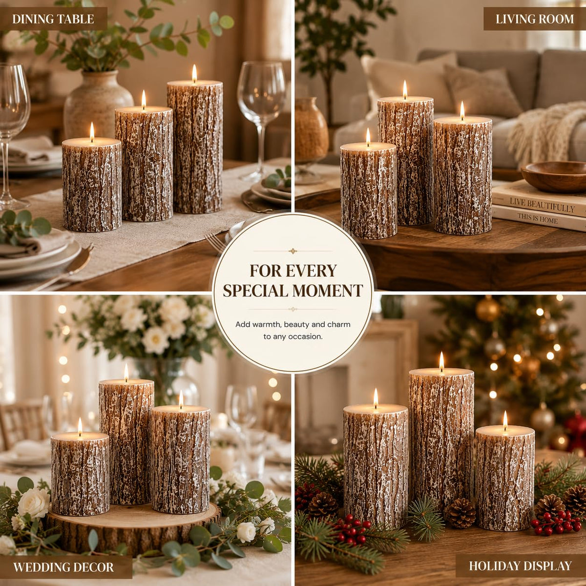 MOSROAD Rustic Pine Tree Pillar Candle Set of 3, Unscented Home Decor