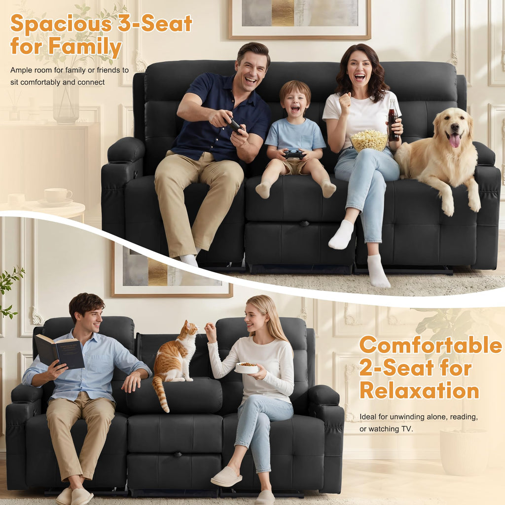 Korser 3-Seater Loveseat Recliner Sofa, Manual Recliner Chair with Flip Back Console, Cup Holder & USB, Home Theater Seating for Family Party, PU Leather