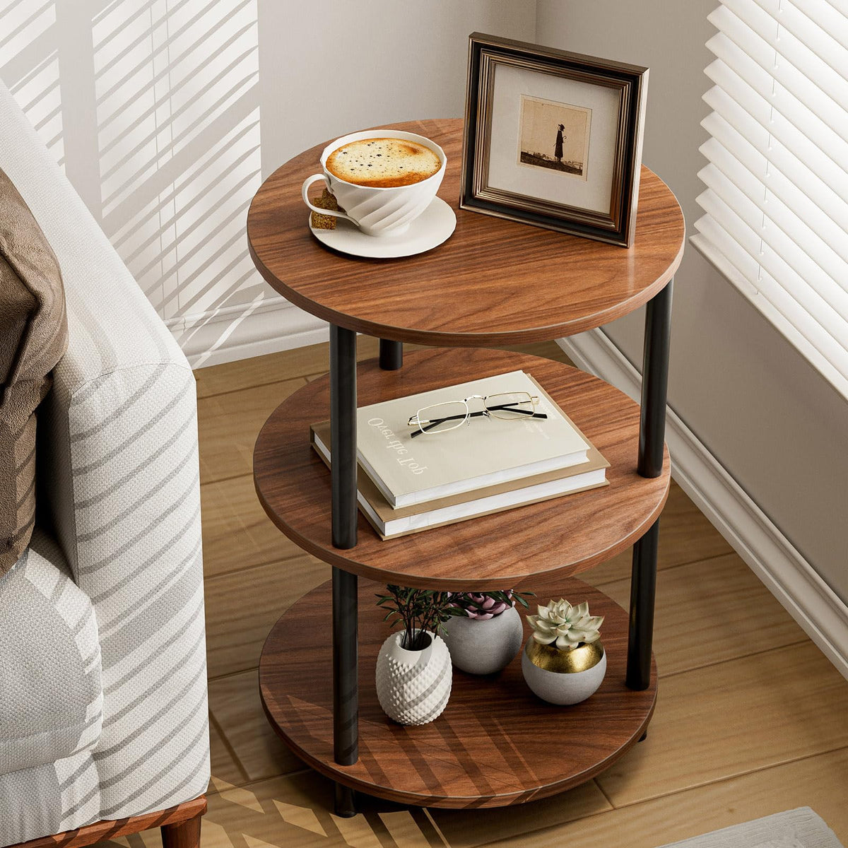 XBurmo Small Round End Table - 3 Tier Design Accent Table, Narrow Side or Bedside Stand, Industrial Vintage Nightstand for Bedroom, Living Room, or Small Spaces