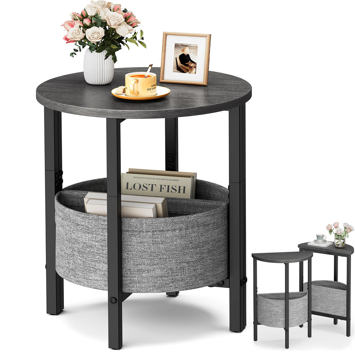 VAGUSICC Side Table, Small Round End Table with Fabric Basket, Set of 2 Half Round Side Table Half Moon Tables, Round Accent Coffee Table, Tea Sofa Table Nightstand for Living Room Bedroom Small Space