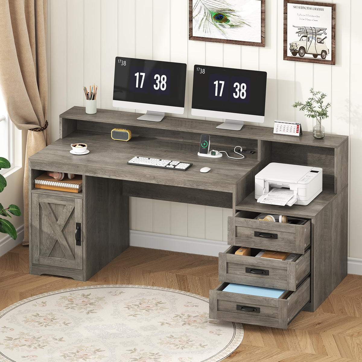 TVU Farmhouse Computer Desk with Drawers, 65'' Home Office Desk with Power Outlets, Storage Cabinet and Printer Stand, Study Writing Desks with Long Monitor Stand, White