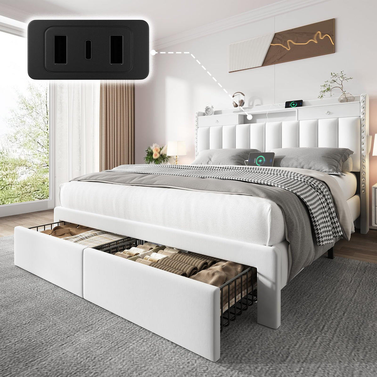 CypBed Bed Frame with 2 Tier Storage Headboard, Upholstered King Bed Frame with 4-Storage Drawers, 3 USB & Type-C Charging Ports, Solid Wood Slats, No Box Spring Needed, Noise-Free,