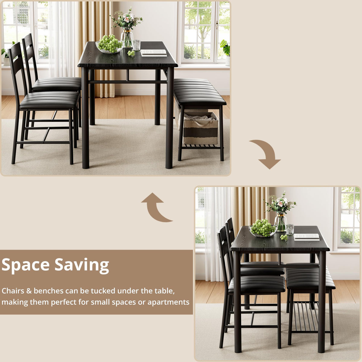IRONCK Dining Table Set for 4, Kitchen Table with Upholstered Bench and 2 Chairs, Kitchen Table and Chairs Set for Small Space, Apartment