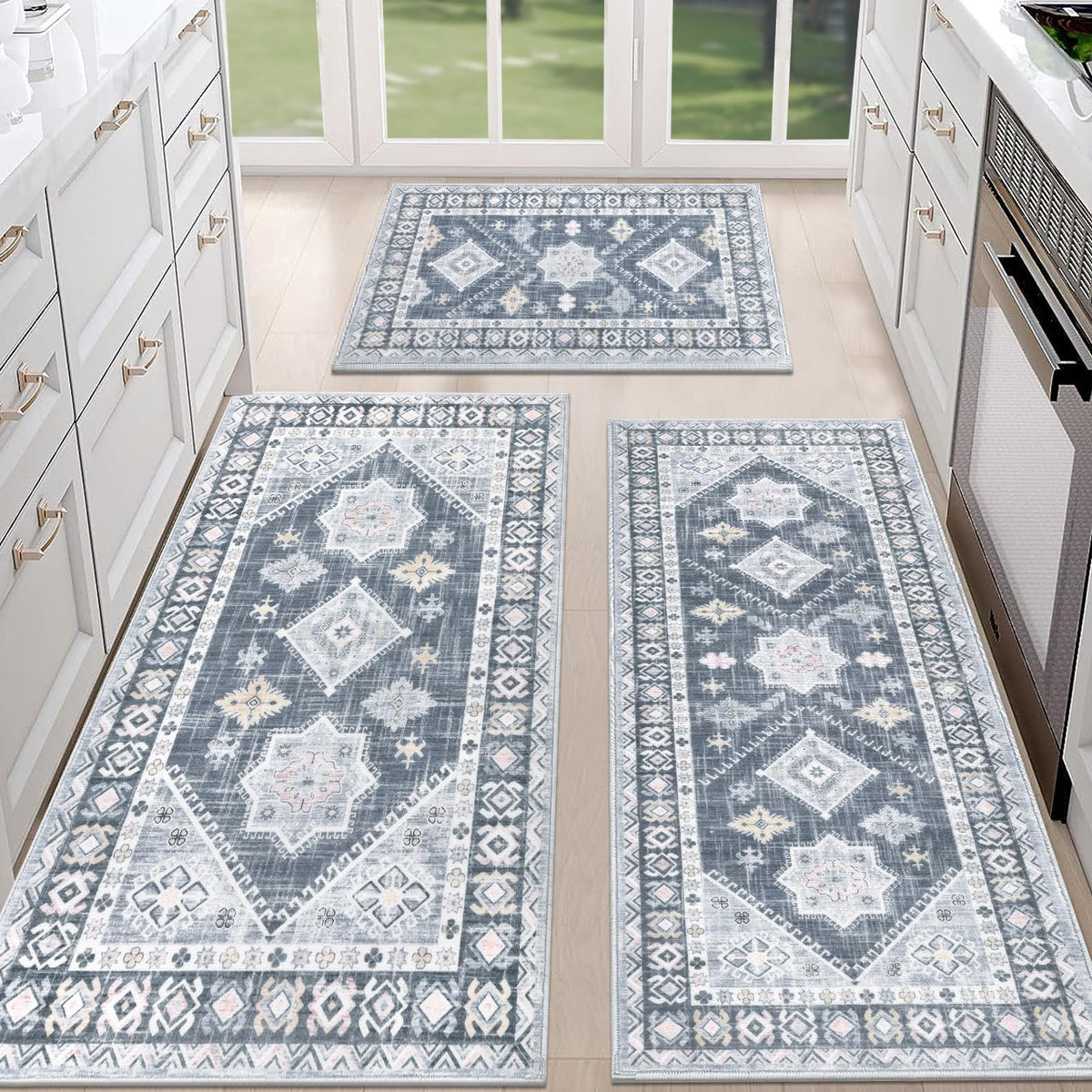 HEBE Boho Non-Slip Washable Kitchen Rugs, 3-Piece Set