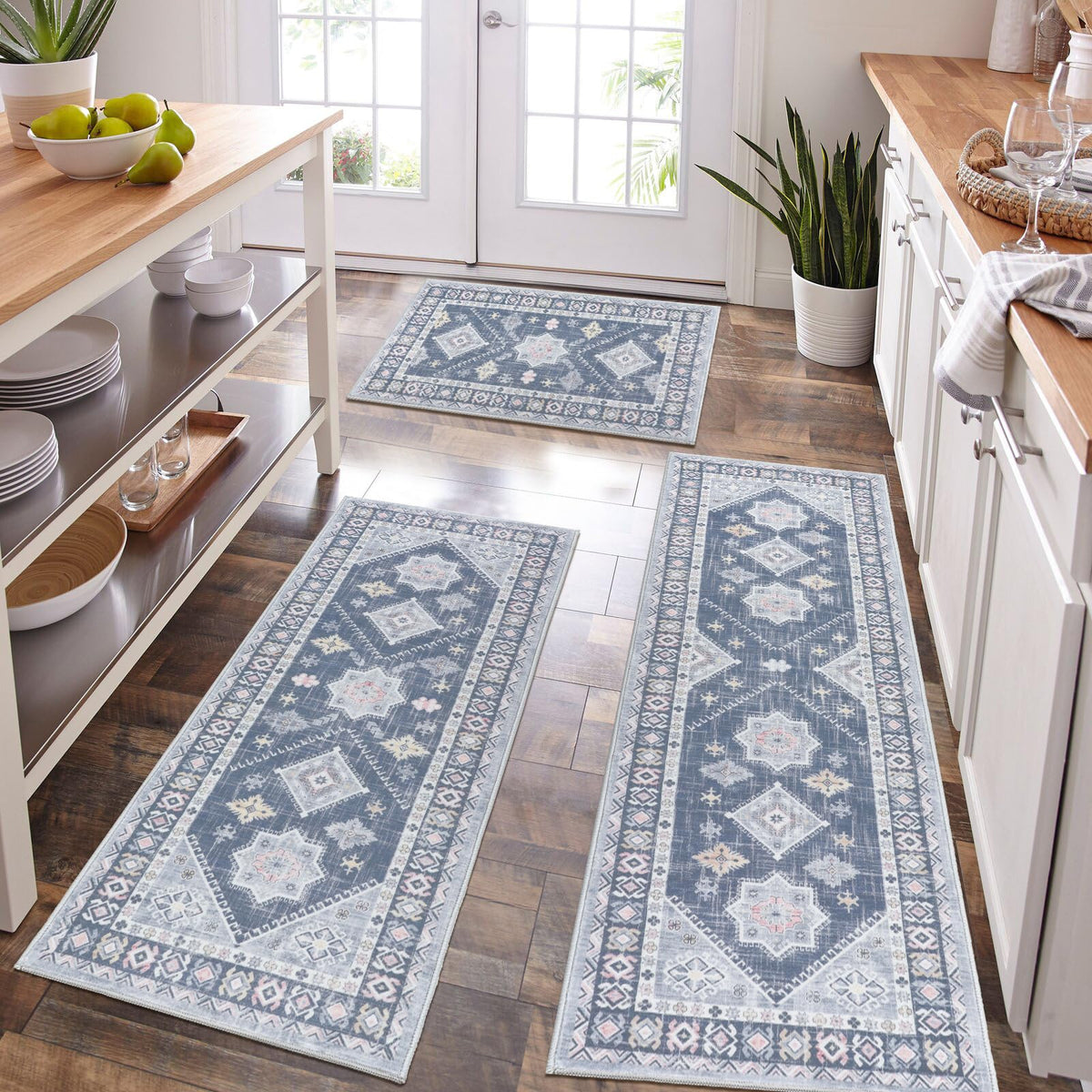 HEBE Boho Non-Slip Washable Kitchen Rugs, 3-Piece Set