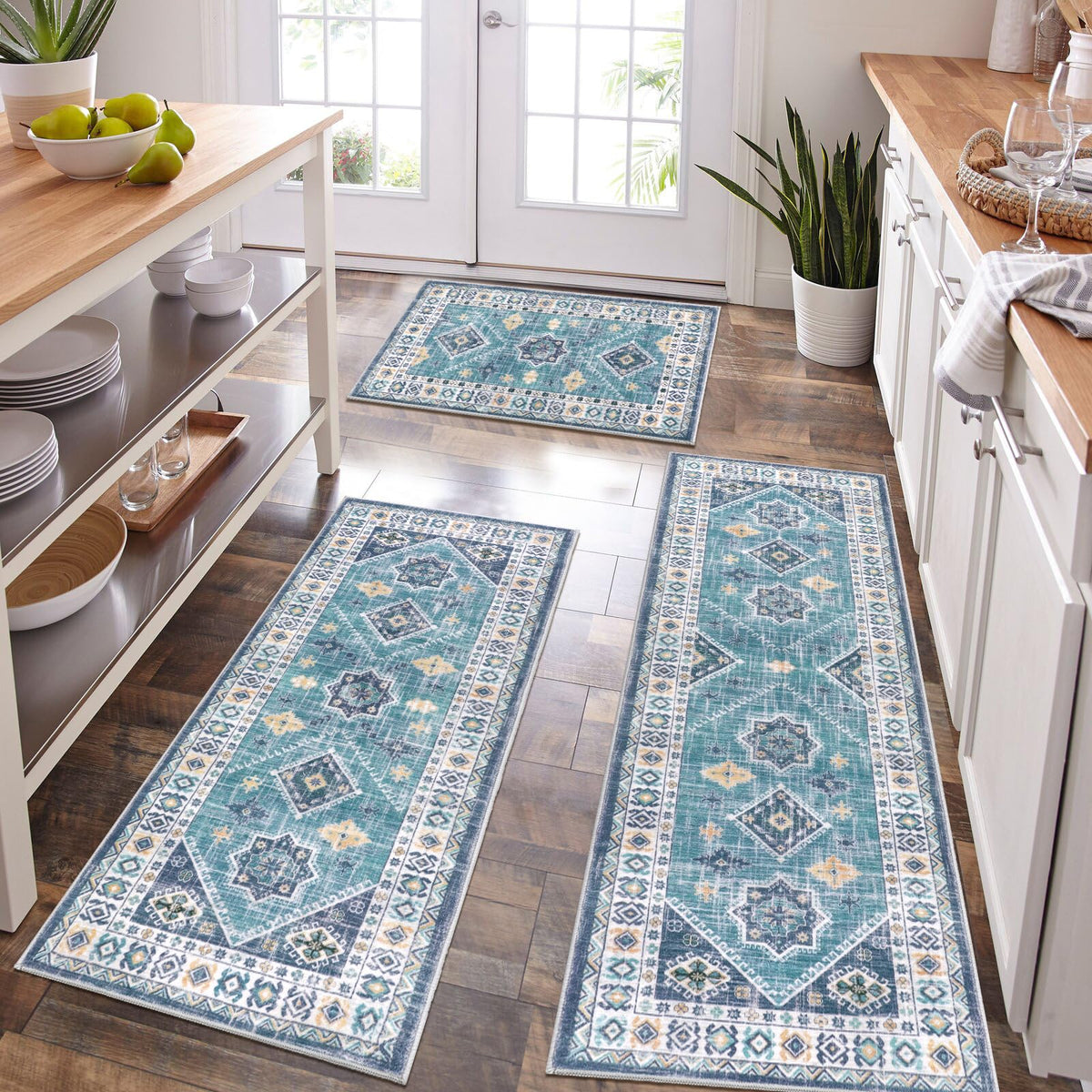 HEBE Boho Non-Slip Washable Kitchen Rugs, 3-Piece Set