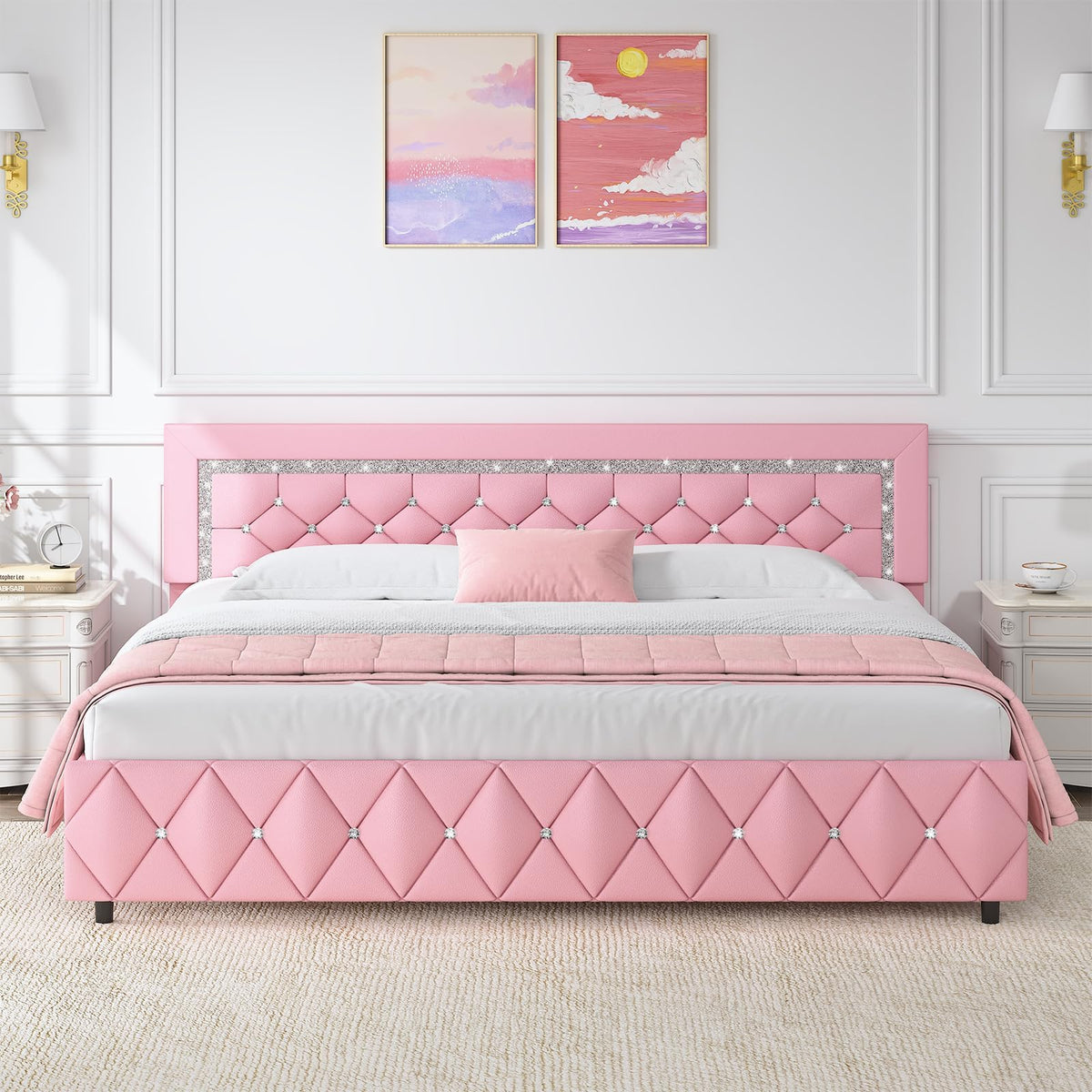 HOMBCK Bed Frame with Diamond Headboard, Faux Leather Upholstered Platform Bed, Mattress Foundation, No Box Spring Needed, Easy Assembly