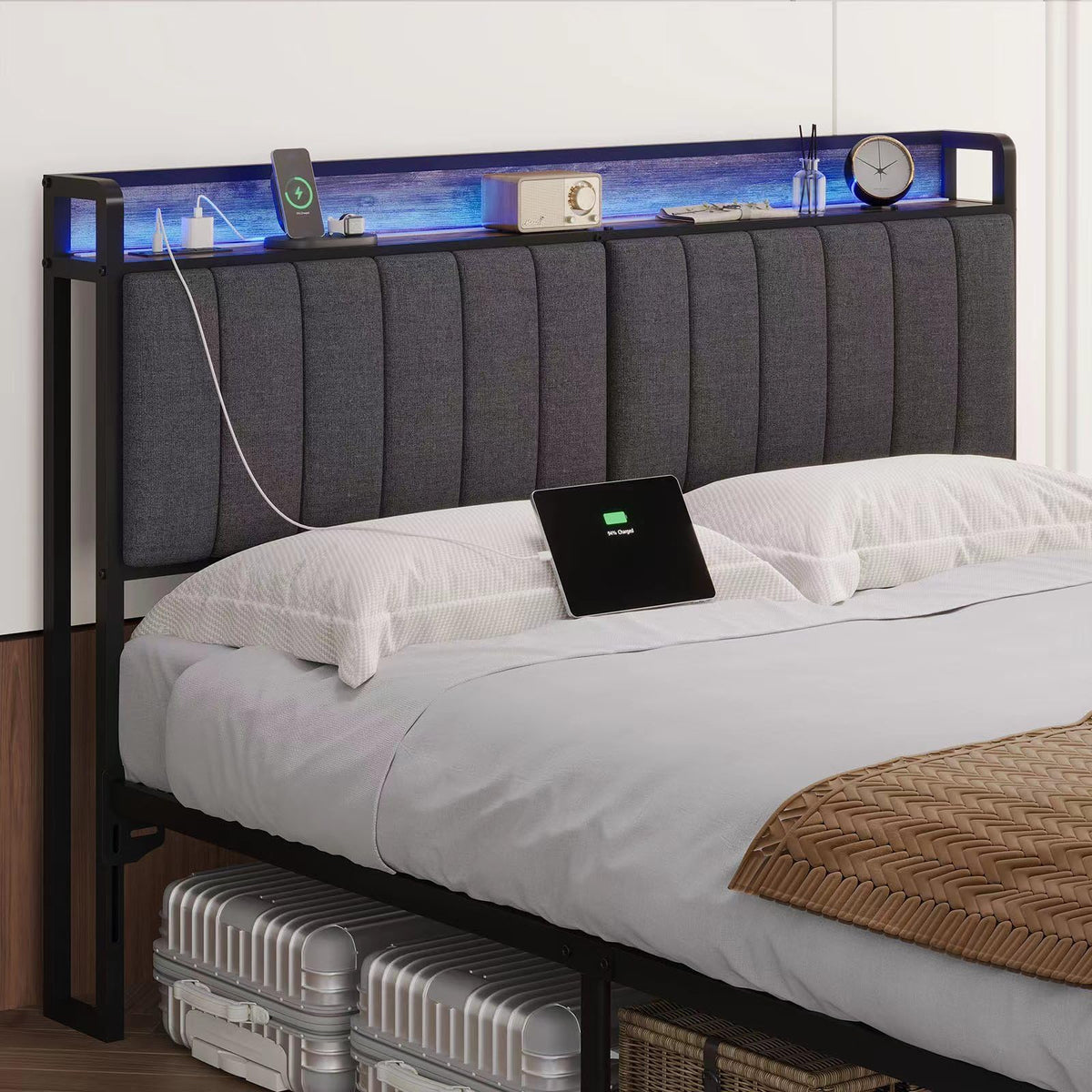 Muluflower Upholstered Headboard with LED Lights & Charging Station, PU Upholstery, Headboard Only, Height Adjustable, Attach Frame, Sturdy and Stable, Easy Assembly