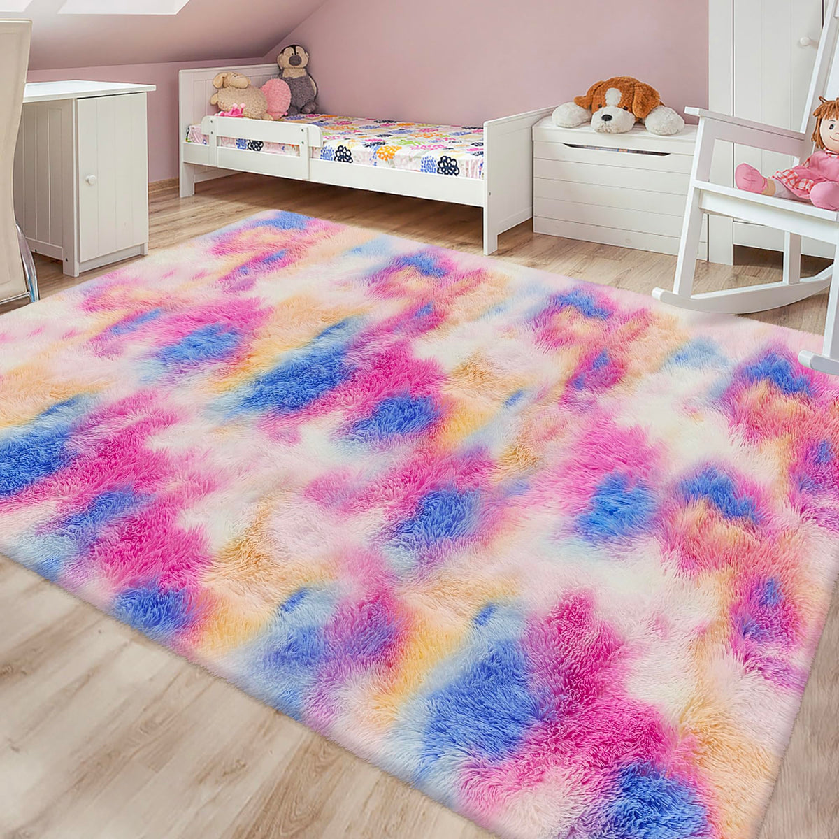 JiaoBaba Rainbow Tie-Dye Fluffy Area Rug for Kids