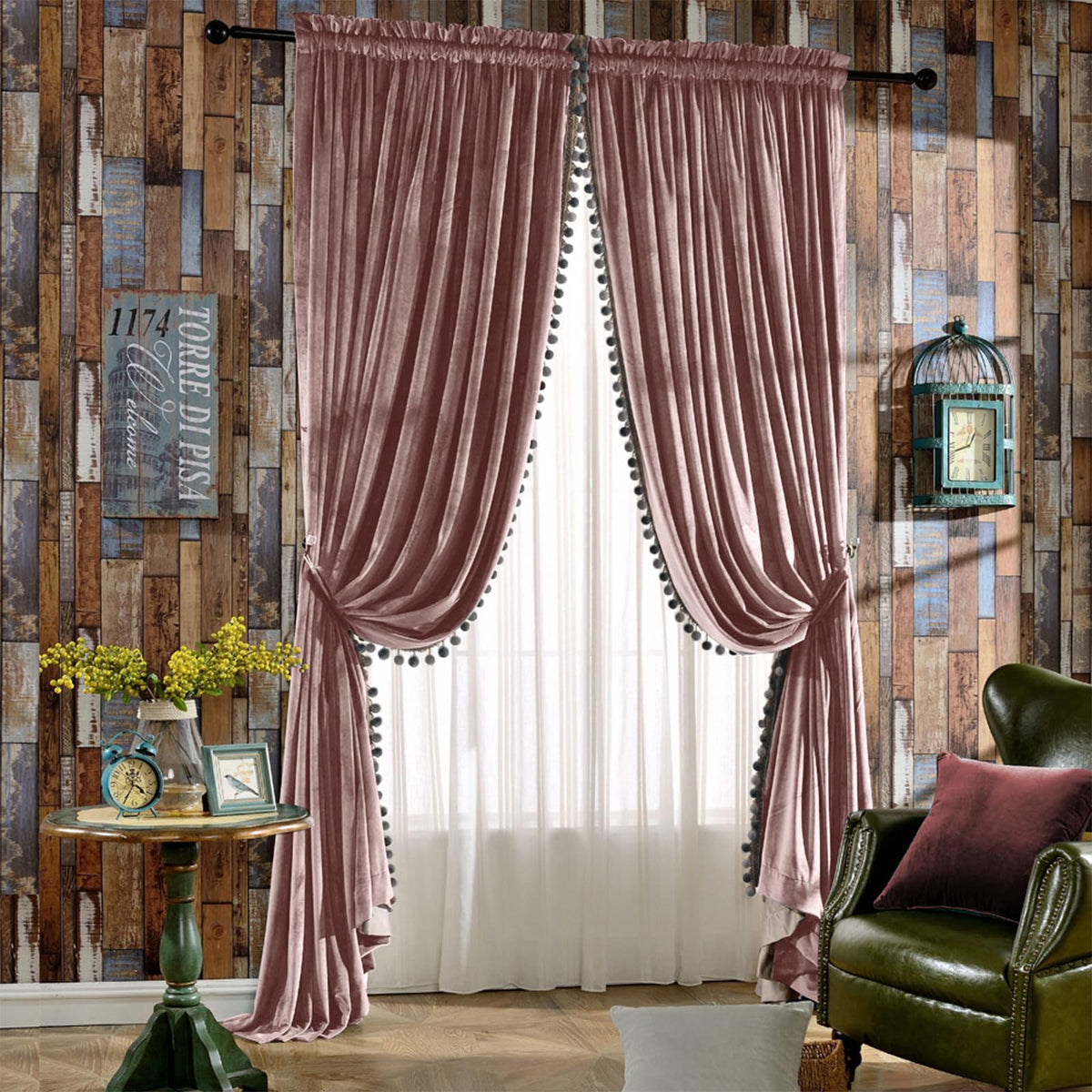 Melodieux Pom Pom Velvet Curtains, 2-Panel Set