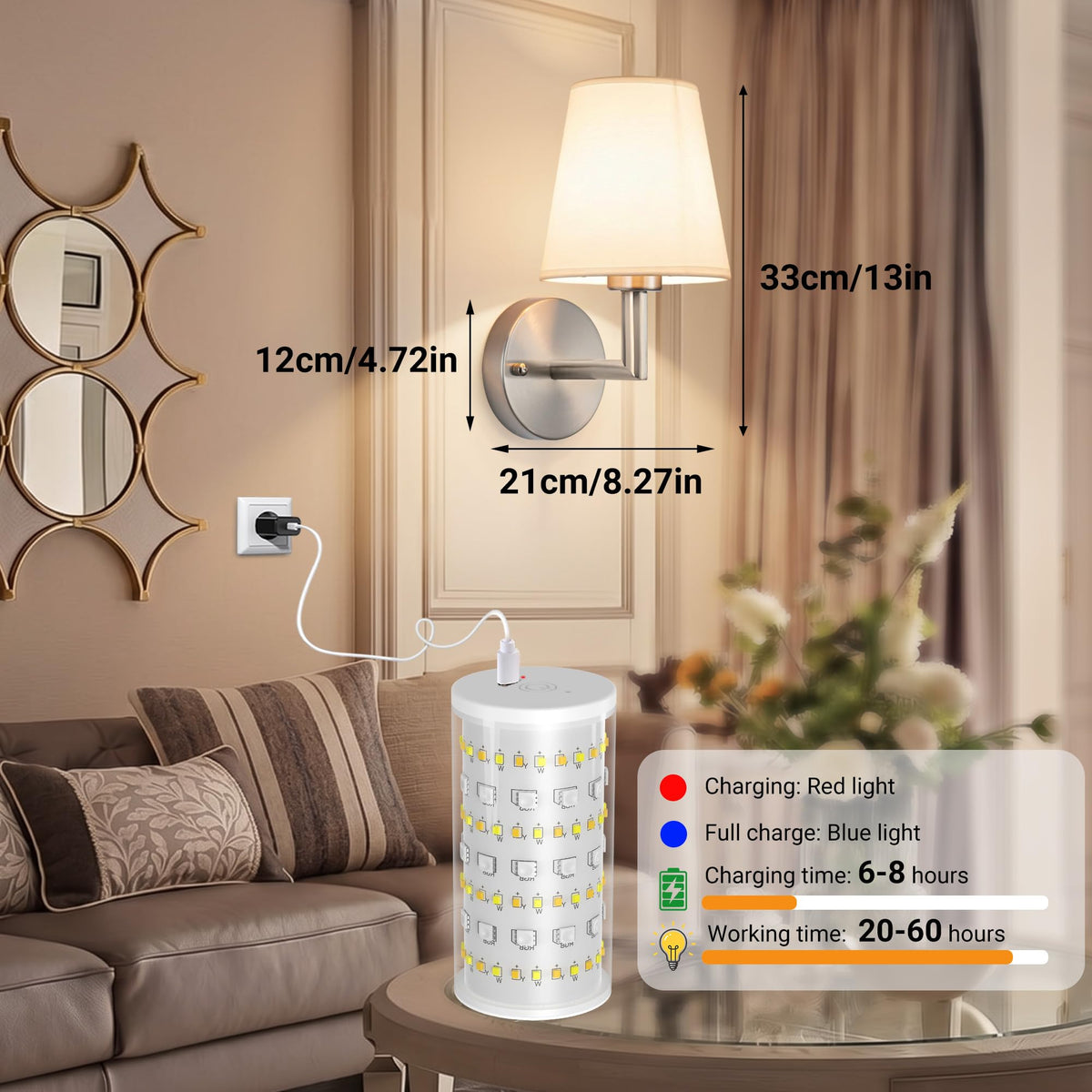 Battery Operated Wall Sconces Set Of Two, Wireless Battery Wall Light With 10000mAh RGB Rechargeable Magnetic Bulb, Rechargeable Wall Sconce With Remote Control For Bedroom, No Electrician Required