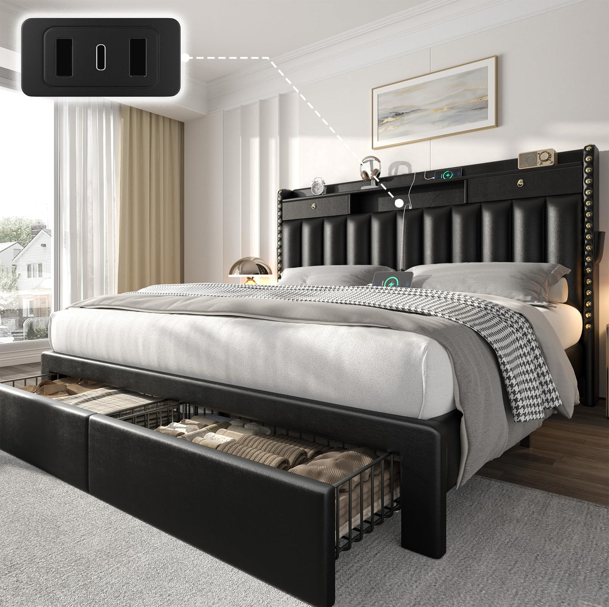 CypBed Bed Frame with 2 Tier Storage Headboard, Upholstered King Bed Frame with 4-Storage Drawers, 3 USB & Type-C Charging Ports, Solid Wood Slats, No Box Spring Needed, Noise-Free,