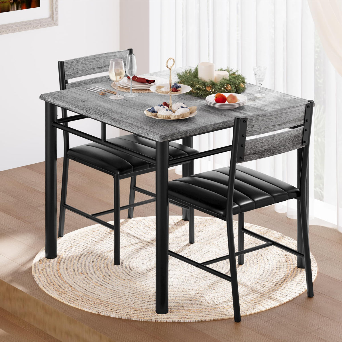 IRONCK Dining Table Set for 2, Small Kitchen Table with Upholstered Chairs Dinning Table Set for Kitchen & Dining Room, Compact Dining Set for Small Spaces