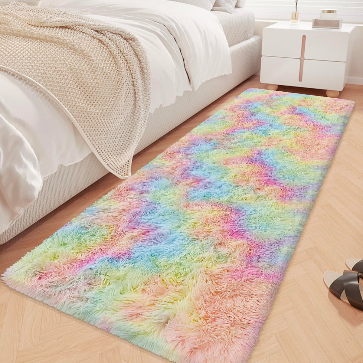 JiaoBaba Rainbow Tie-Dye Fluffy Area Rug for Kids