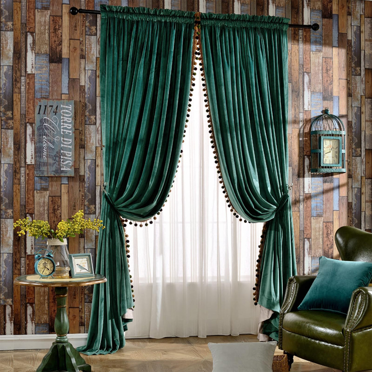 Melodieux Pom Pom Velvet Curtains, 2-Panel Set