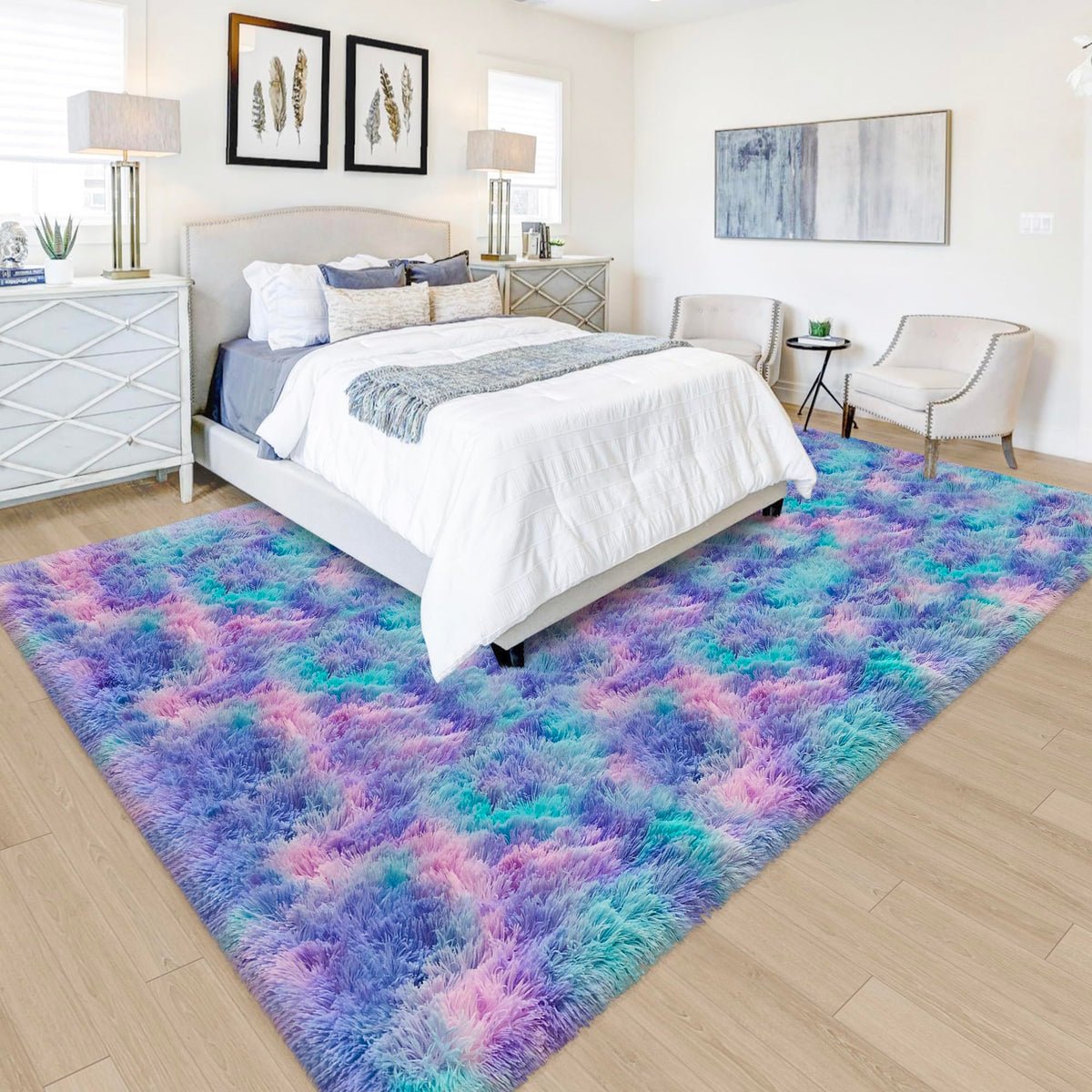 JiaoBaba Rainbow Tie-Dye Fluffy Area Rug for Kids