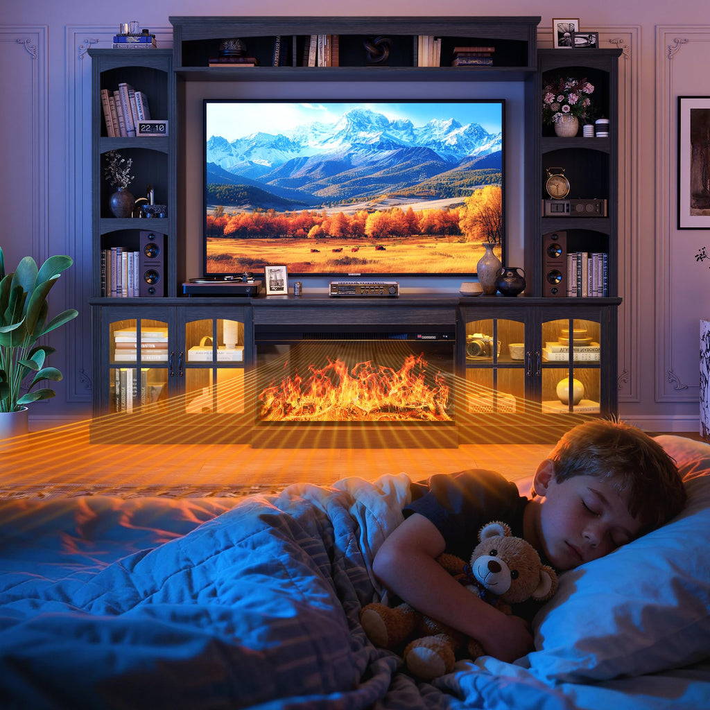 OneBlis 98" Farmhouse TV Stand with 36" Electric Fireplace, Bookshelves, Fits 75" TVs, Entertainment Center with Storage Cabinet, Large Wall Unit Media Console for Living Room, White