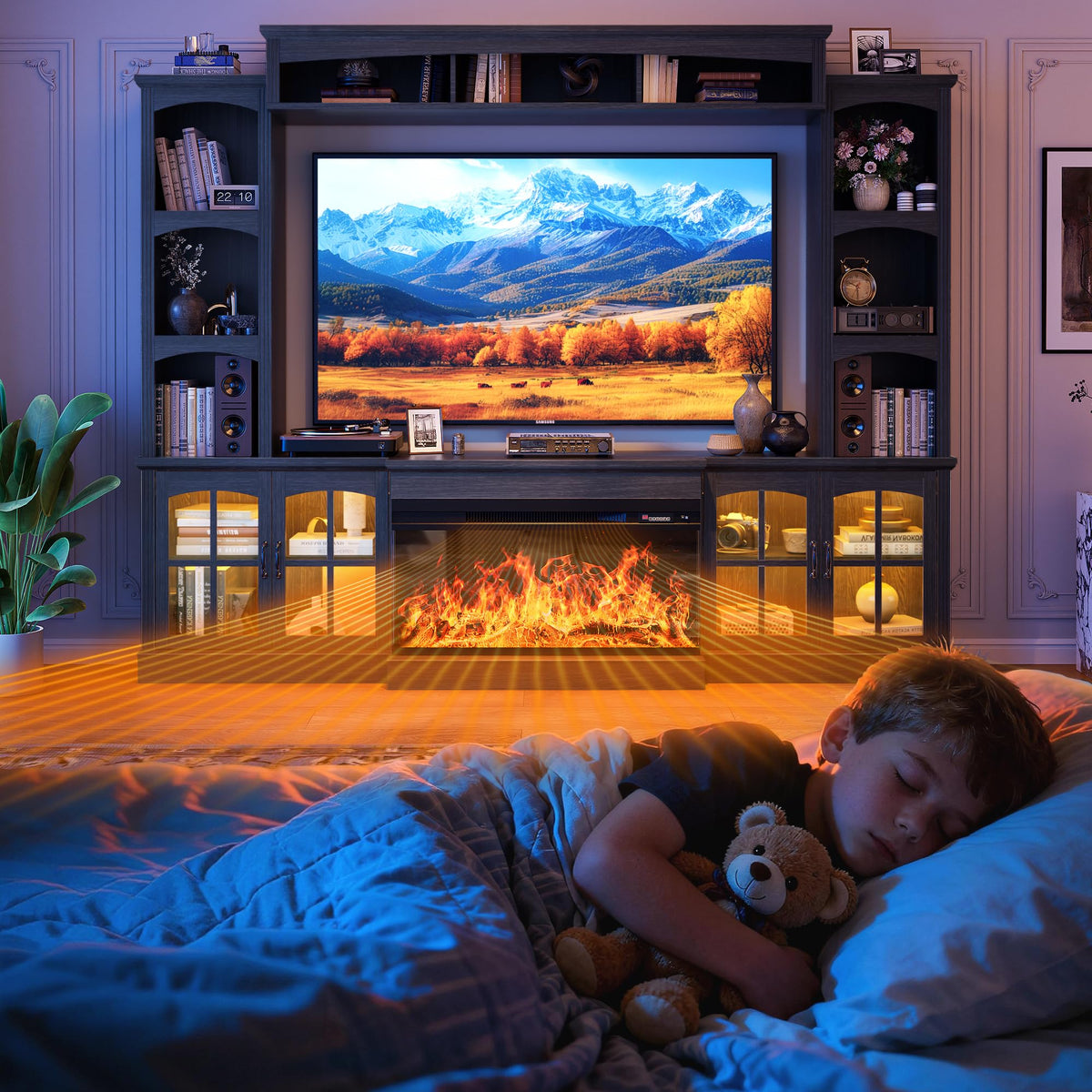 OneBlis 98" Farmhouse TV Stand with 36" Electric Fireplace, Bookshelves, Fits 75" TVs, Entertainment Center with Storage Cabinet, Large Wall Unit Media Console for Living Room, White