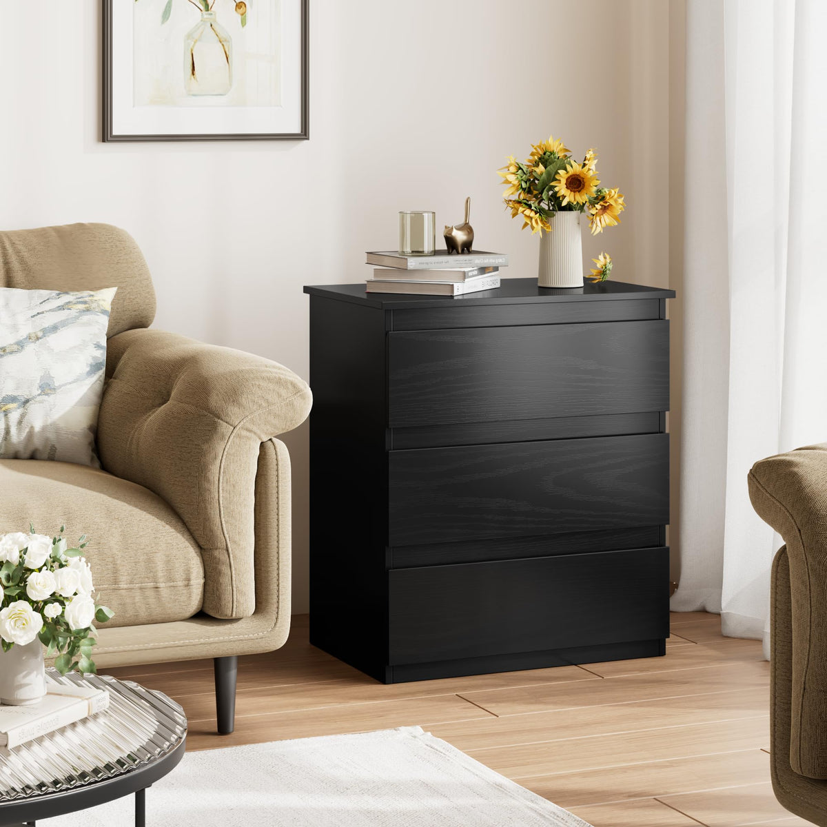 Bamjoy Nightstand with 3 Drawers, Beside Table with Drawers for Bedroom, Small Side Table Storage Cabinet 3 Drawer Night Stand for Home Office