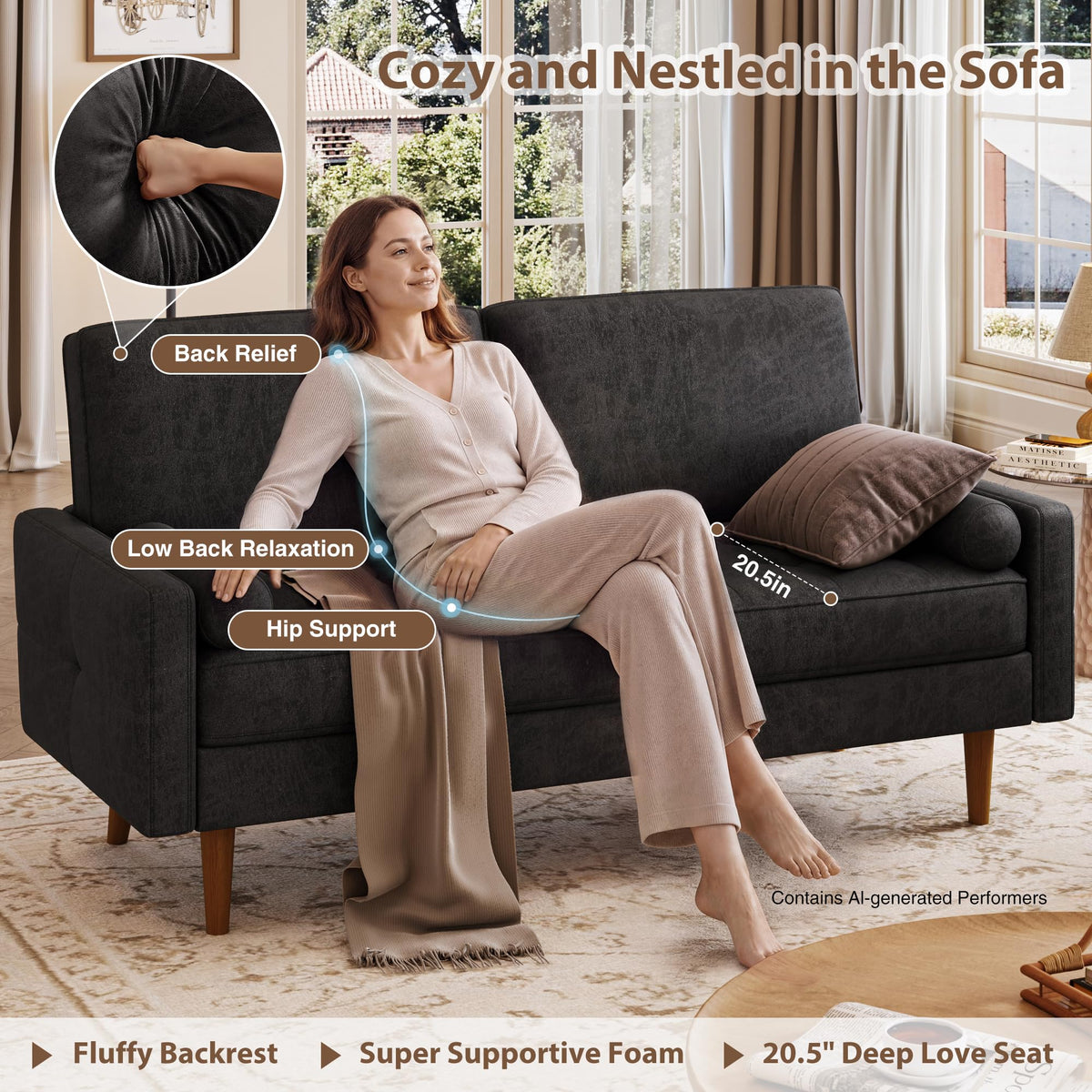HIFIT 58" Loveseat Sofa Couch, Mid Century Modern Faux Leather Couch, Brown
