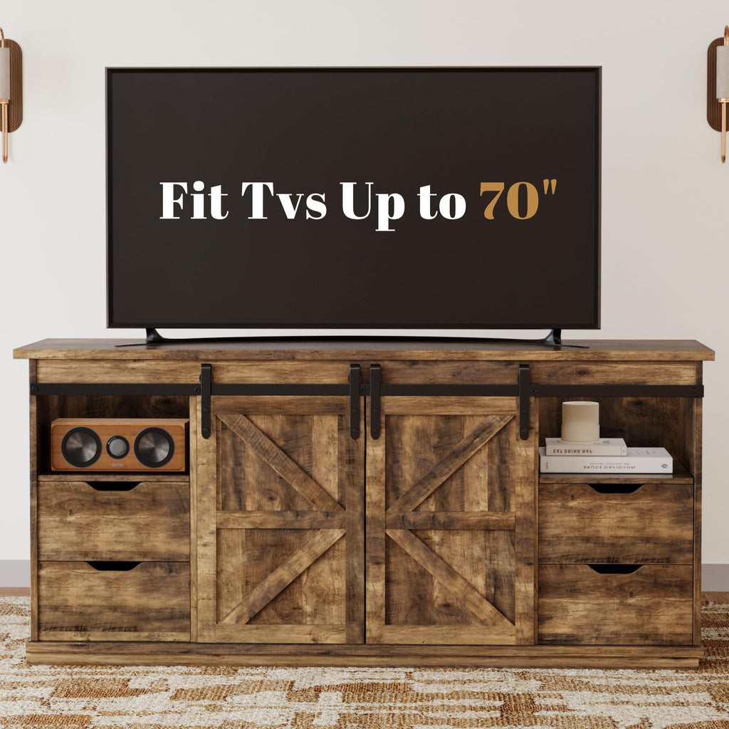 YESHOMY Farmhouse TV Stand for Televisions up to 65 Inch, Wood Entertainment Center with Sliding Barn Doors and 4 Storage Drawers, 58’’ Media Console Cabinet with Shelves for Living Room