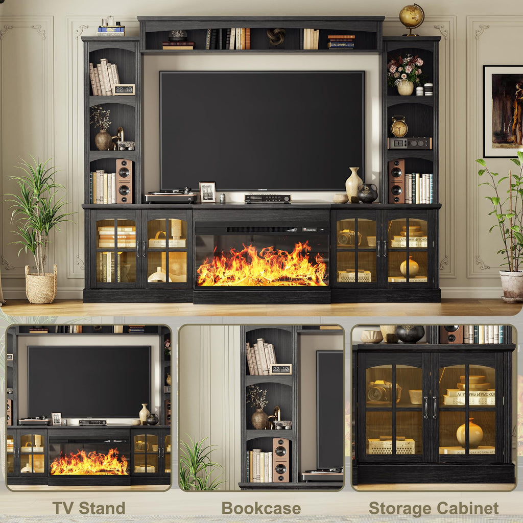 OneBlis 98" Farmhouse TV Stand with 36" Electric Fireplace, Bookshelves, Fits 75" TVs, Entertainment Center with Storage Cabinet, Large Wall Unit Media Console for Living Room, White