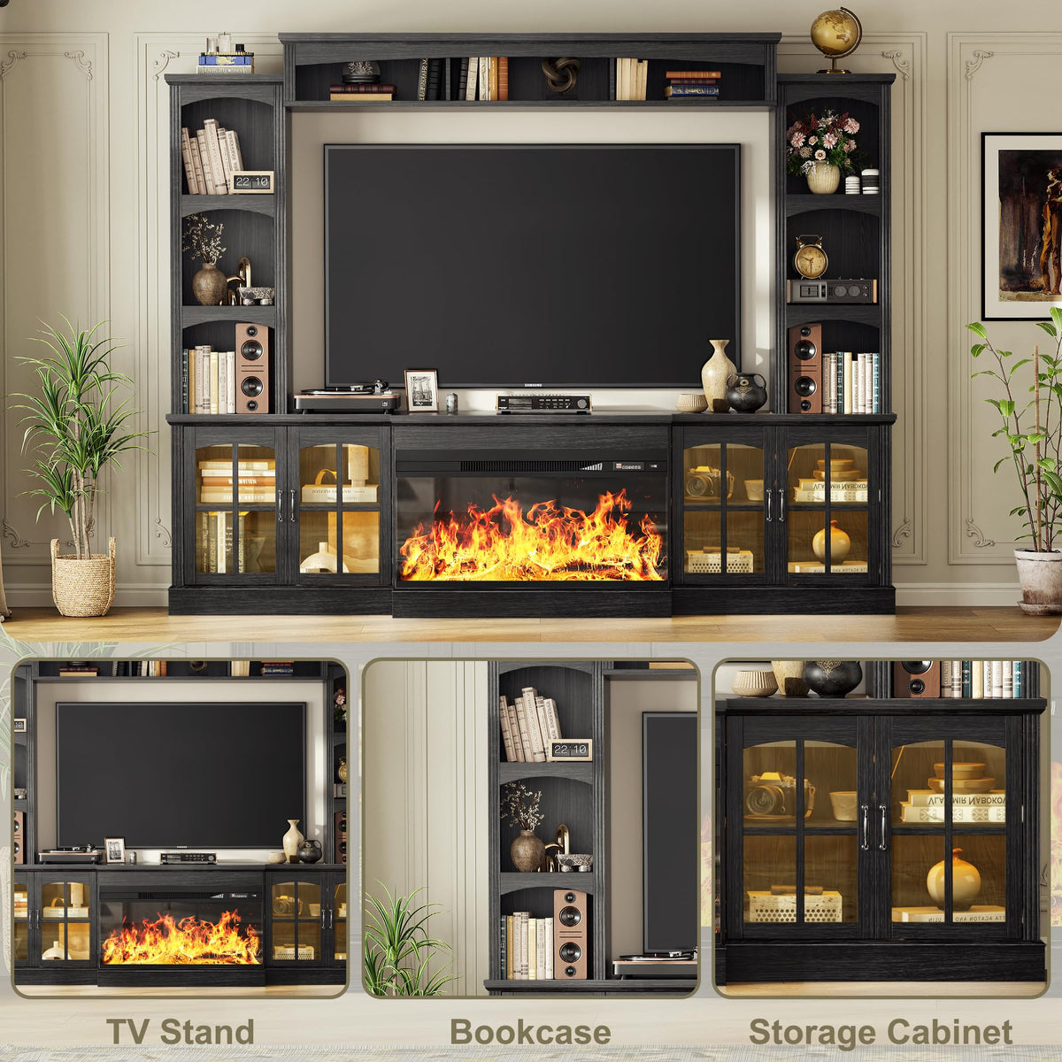 OneBlis 98" Farmhouse TV Stand with 36" Electric Fireplace, Bookshelves, Fits 75" TVs, Entertainment Center with Storage Cabinet, Large Wall Unit Media Console for Living Room, White