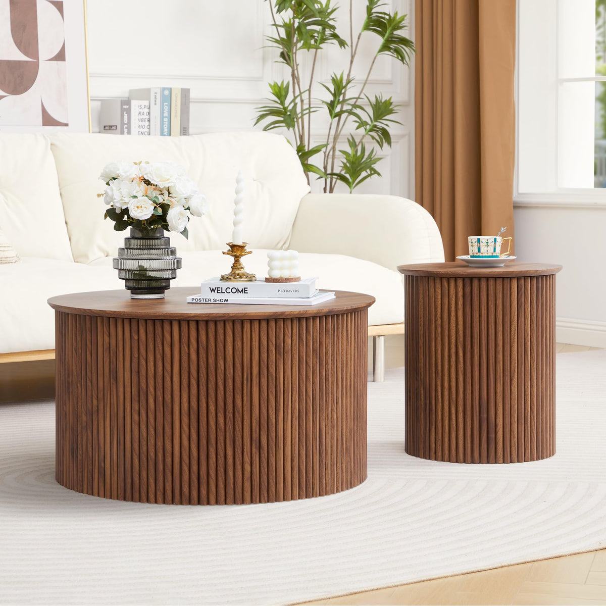 2-Piece Modern Farmhouse Living Room Coffee Table Set, Modern Wood Grain Pattern Natural Wood Finish Side Table and End Table Set for Living Room, Bedroom, Cafe, Office