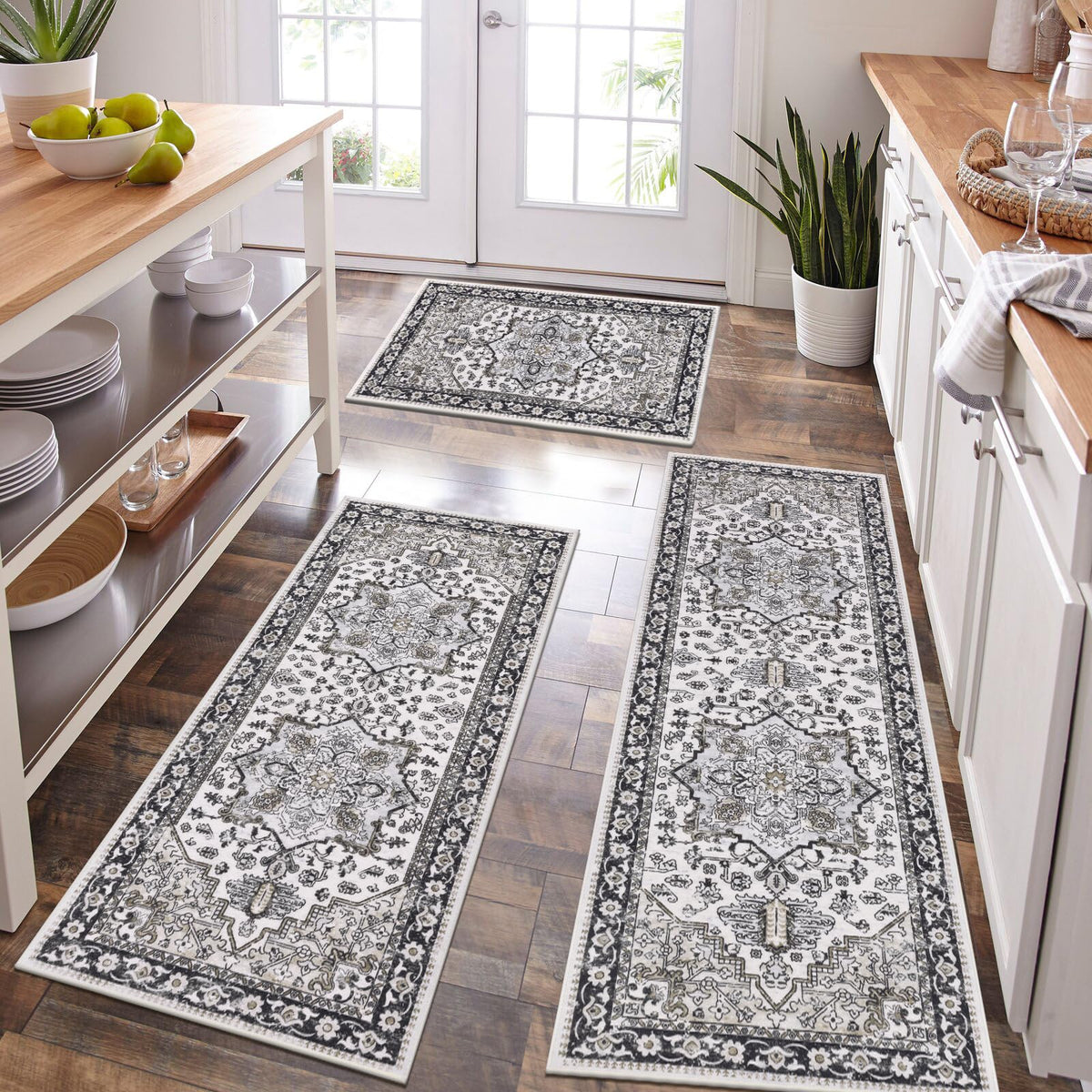 HEBE Boho Non-Slip Washable Kitchen Rugs, 3-Piece Set