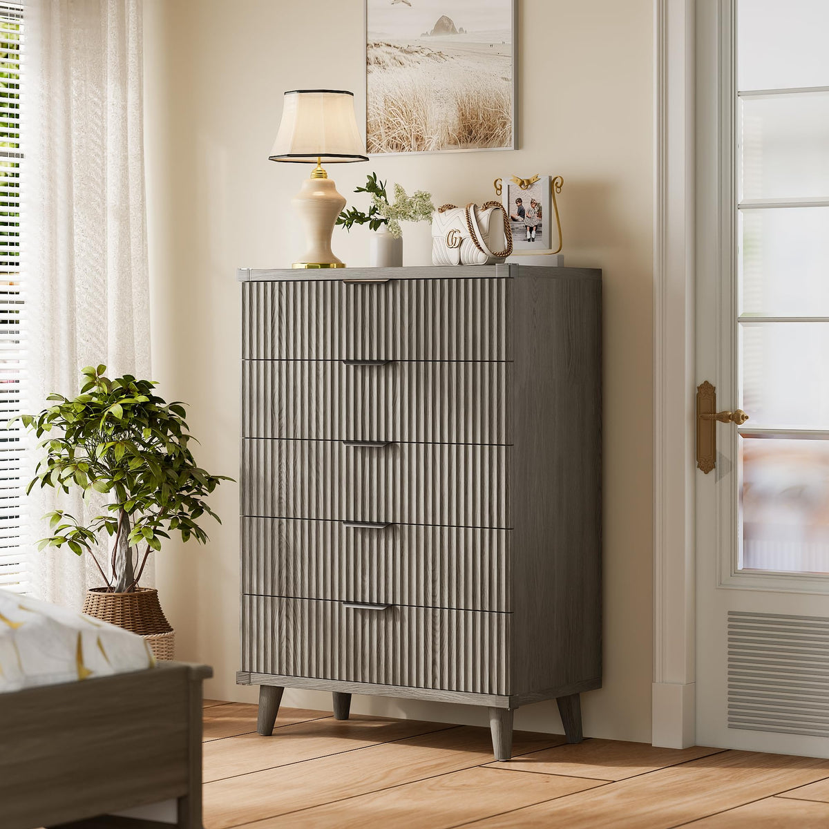 Lulive Wood Black Dresser for Bedroom Fluted Modern Chest of Drawers Storage Organizer