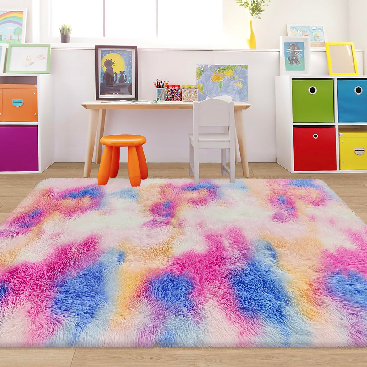 JiaoBaba Rainbow Tie-Dye Fluffy Area Rug for Kids