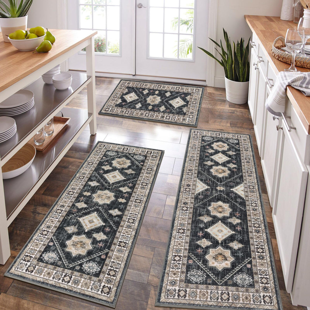 HEBE Boho Non-Slip Washable Kitchen Rugs, 3-Piece Set