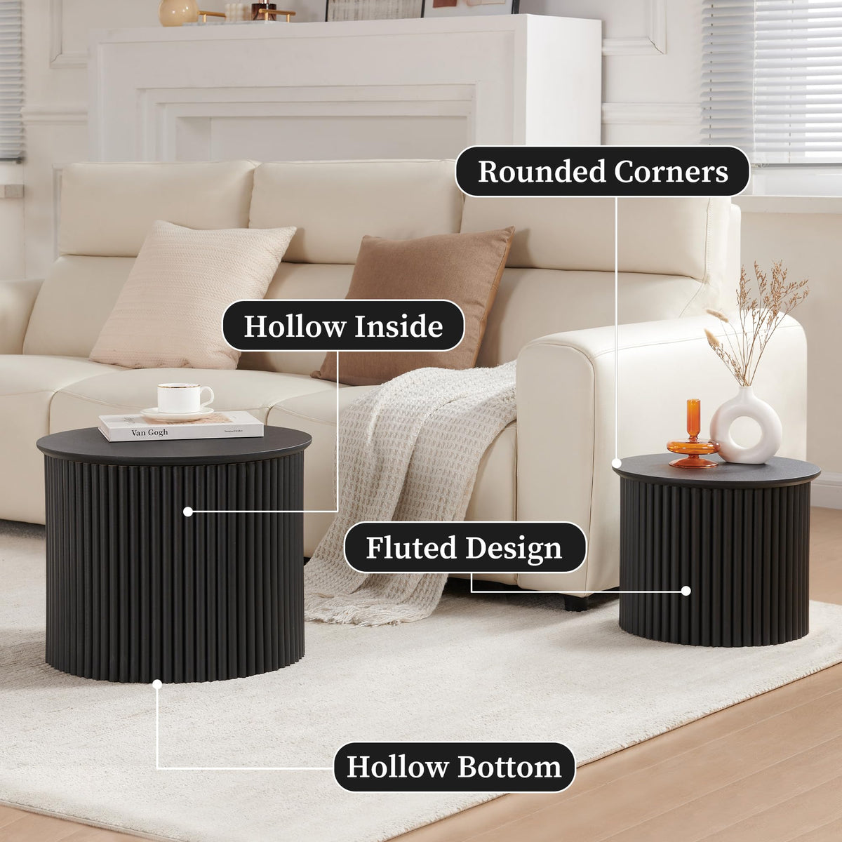 2-Piece Modern Farmhouse Living Room Coffee Table Set, Modern Wood Grain Pattern Natural Wood Finish Side Table and End Table Set for Living Room, Bedroom, Cafe, Office