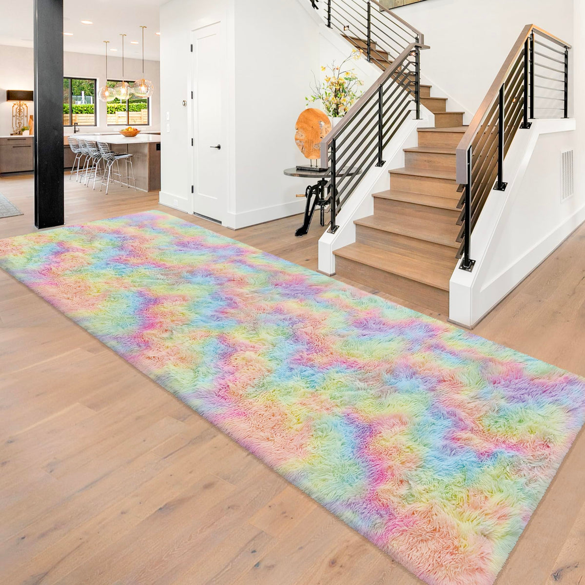 JiaoBaba Rainbow Tie-Dye Fluffy Area Rug for Kids
