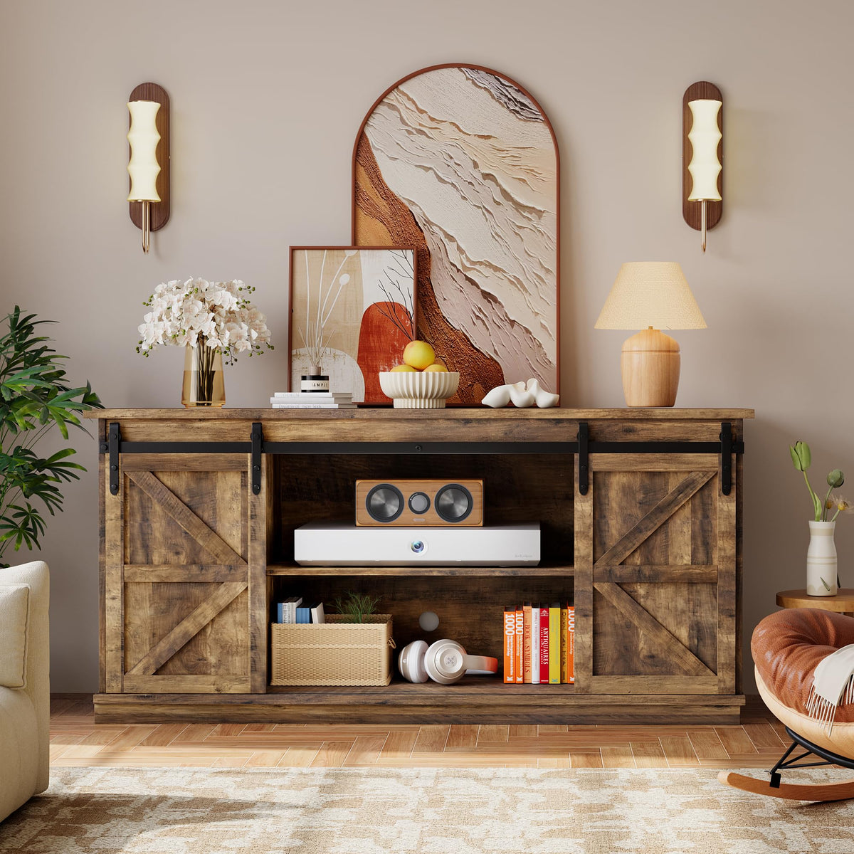YESHOMY Farmhouse TV Stand for Televisions up to 65 Inch, Wood Entertainment Center with Sliding Barn Doors and 4 Storage Drawers, 58’’ Media Console Cabinet with Shelves for Living Room