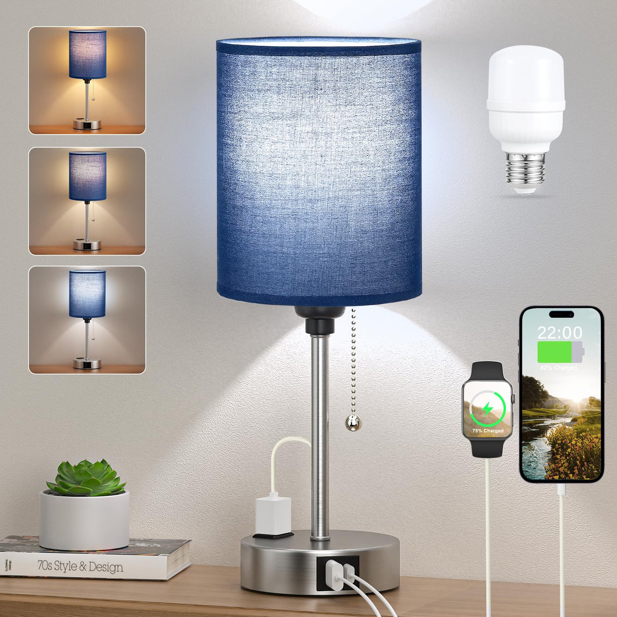 Dicoool Pull Chain Bedside Lamps for Bedroom,Small Lamp