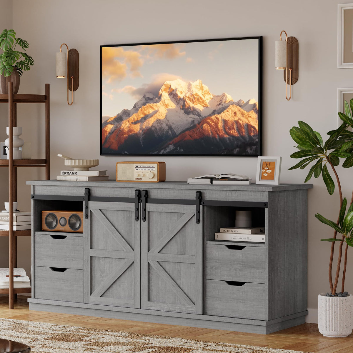 YESHOMY Farmhouse TV Stand for Televisions up to 65 Inch, Wood Entertainment Center with Sliding Barn Doors and 4 Storage Drawers, 58’’ Media Console Cabinet with Shelves for Living Room