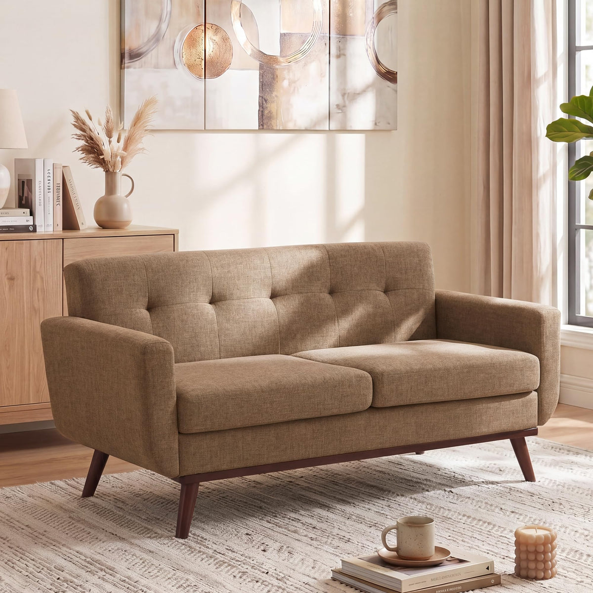 Kingfun 65" W Love Seat Sofa, Mid Century Modern Decor Loveseat Couches for Living Room, Button Tufted Upholstered Small Couch for Bedroom, Solid and Easy to Install Love Seats Furniture
