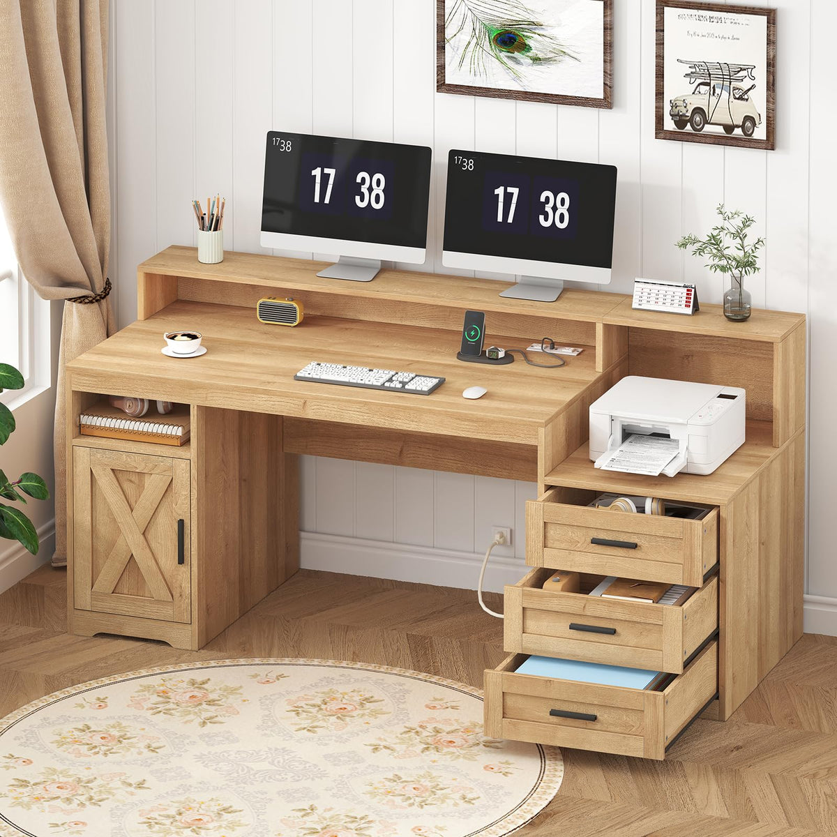 TVU Farmhouse Computer Desk with Drawers, 65'' Home Office Desk with Power Outlets, Storage Cabinet and Printer Stand, Study Writing Desks with Long Monitor Stand, White